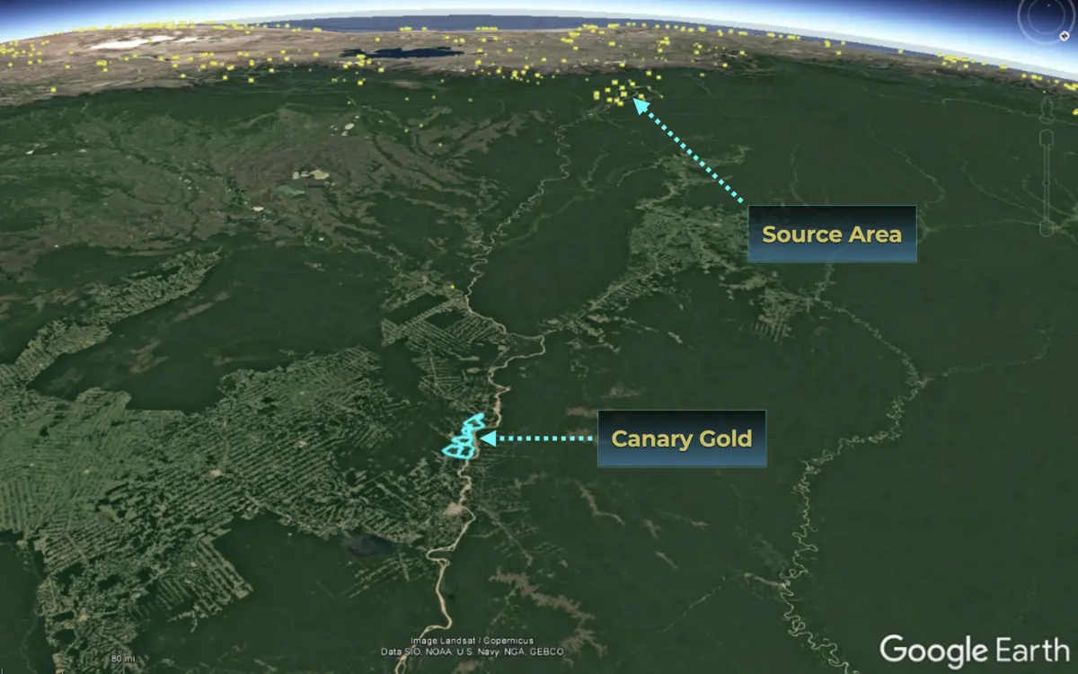 Google Earth satellite view showing Canary Gold project area with Andean source region visible on horizon.