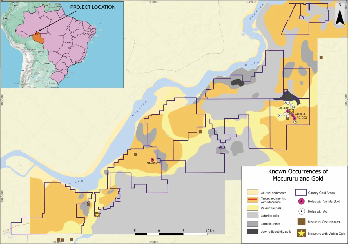 Geological map showing Mocururu occurrences, gold discoveries, and geological units along Madeira River.