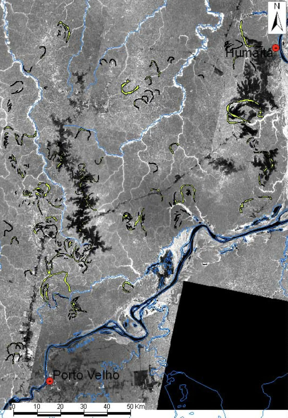 Regional satellite map showing numerous interpreted paleochannel features outlined in yellow between Porto Velho and Humaitá.