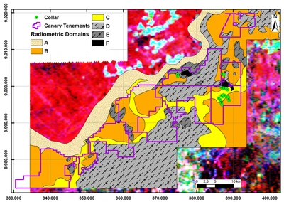 Map showing radiometric domains A-F with drill collar locations and RGB radiometric inset image.